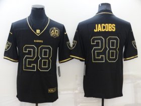 Wholesale Cheap Men\'s Las Vegas Raiders #28 Josh Jacobs Black Golden Edition 60th Patch Stitched Nike Limited Jersey
