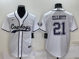 Wholesale Men\'s Dallas Cowboys #21 Ezekiel Elliott White Stitched Cool Base Nike Baseball Jersey
