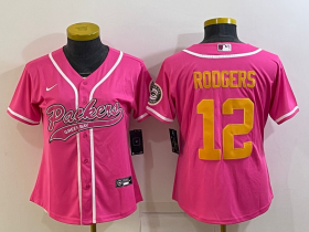 Wholesale Cheap Women\'s Green Bay Packers #12 Aaron Rodgers Pink Gold With Patch Cool Base Stitched Baseball Jersey