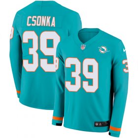 Wholesale Cheap Nike Dolphins #39 Larry Csonka Aqua Green Team Color Men\'s Stitched NFL Limited Therma Long Sleeve Jersey