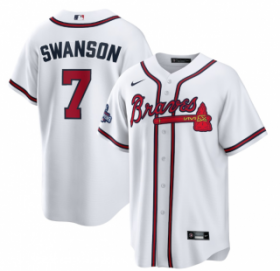 Wholesale Cheap Men\'s White Atlanta Braves #7 Dansby Swanson 2021 World Series Champions Cool Base Stitched Jersey