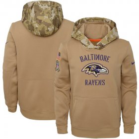 Wholesale Cheap Youth Baltimore Ravens Nike Khaki 2019 Salute to Service Therma Pullover Hoodie