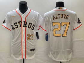 Wholesale Cheap Men\'s Houston Astros #27 Jose Altuve Number 2023 White Gold World Serise Champions Patch Flex Base Stitched Jersey