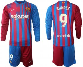 Wholesale Cheap Men 2021-2022 Club Barcelona home red blue Long Sleeve 9 Nike Soccer Jersey