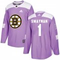 Wholesale Cheap Men's Boston Bruins #1 Jeremy Swayman Adidas Authentic Fights Cancer Practice Jersey - Purple