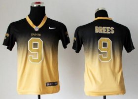 Wholesale Cheap Nike Saints #9 Drew Brees Black/Gold Youth Stitched NFL Elite Fadeaway Fashion Jersey