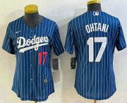 Cheap Women's Los Angeles Dodgers #17 Shohei Ohtani Number Blue Pinstripe Cool Base Stitched Baseball Jersey1