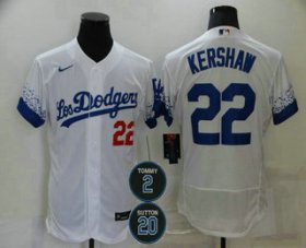 Wholesale Cheap Men\'s Los Angeles Dodgers #22 Clayton Kershaw White #2 #20 Patch City Connect Flex Base Stitched Jersey