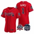 Wholesale Cheap Men Atlanta Braves 1 Ozzie Albies 2021 Red World Series With 150th Anniversary Patch Stitched Baseball Jersey