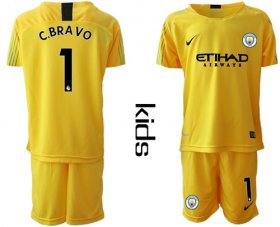Wholesale Cheap Manchester City #1 C.Bravo Yellow Goalkeeper Kid Soccer Club Jersey