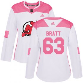 Wholesale Cheap Adidas Devils #63 Jesper Bratt White/Pink Authentic Fashion Women\'s Stitched NHL Jersey