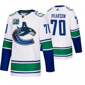 Wholesale Cheap Vancouver Canucks #70 Tanner Pearson 50th Anniversary Men\'s White 2019-20 Away Authentic NHL Jersey
