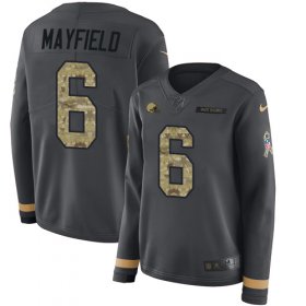 Wholesale Cheap Nike Browns #6 Baker Mayfield Anthracite Salute to Service Women\'s Stitched NFL Limited Therma Long Sleeve Jersey