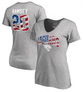 Wholesale Cheap Women\'s Jacksonville Jaguars #20 Jalen Ramsey NFL Pro Line by Fanatics Branded Banner Wave Name & Number T-Shirt Heathered Gray