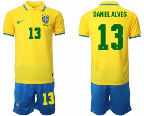 Cheap Men\'s Brazil #13 Daniel Alves Yellow Home Soccer Jersey Suit
