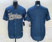 Cheap Men's New York Yankees Big Logo Navy Blue Pinstripe Cool Base Stitched Baseball Jersey