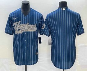 Cheap Men\'s New York Yankees Big Logo Navy Blue Pinstripe Cool Base Stitched Baseball Jersey