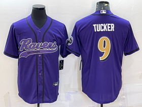 Wholesale Cheap Men\'s Baltimore Ravens #9 Justin Tucker Purple Gold With Patch Cool Base Stitched Baseball Jersey