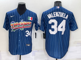 Wholesale Cheap Men\'s Los Angeles Dodgers #34 Fernando Valenzuela Number Rainbow Blue Red Pinstripe Mexico Cool Base Nike Jersey