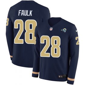 Wholesale Cheap Nike Rams #28 Marshall Faulk Navy Blue Team Color Men\'s Stitched NFL Limited Therma Long Sleeve Jersey