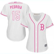 Wholesale Cheap Red Sox #15 Dustin Pedroia White/Pink Fashion Women's Stitched MLB Jersey