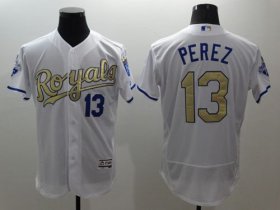 Wholesale Cheap Royals #13 Salvador Perez White 2015 World Series Champions Gold Program FlexBase Authentic Stitched MLB Jersey