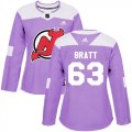 Wholesale Cheap Adidas Devils #63 Jesper Bratt Purple Authentic Fights Cancer Women's Stitched NHL Jersey