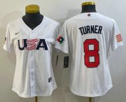 Cheap Women's USA Baseball #8 Trea Turner 2023 White World Classic Stitched Jerseys