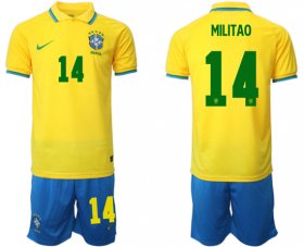 Cheap Men\'s Brazil #14 Militao Yellow Home Soccer Jersey Suit