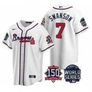 Wholesale Cheap Men Atlanta Braves 7 Dansby Swanson 2021 White World Series With 150th Anniversary Patch Cool Base Stitched Jersey