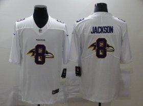 Wholesale Cheap Men\'s Baltimore Ravens #8 Lamar Jackson White 2020 Shadow Logo Vapor Untouchable Stitched NFL Nike Limited Jersey