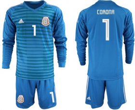 Wholesale Cheap Mexico #1 Corona Blue Long Sleeves Goalkeeper Soccer Country Jersey