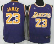 Wholesale Cheap Men's Los Angeles Lakers #23 LeBron James Purple 2021 Brand Jordan Swingman Stitched NBA Jersey With NEW Sponsor Logo