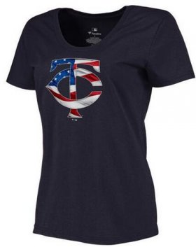 Wholesale Cheap Women\'s Minnesota Twins USA Flag Fashion T-Shirt Navy Blue