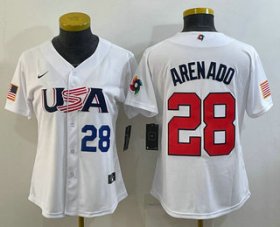 Cheap Women\'s USA Baseball #28 Nolan Arenado Number 2023 White World Classic Replica Stitched Jerseys