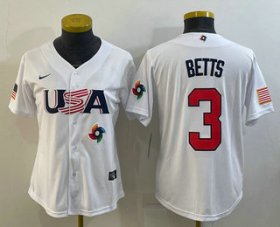 Cheap Women\'s USA Baseball #3 Mookie Betts 2023 White World Classic Replica Stitched Jerseys
