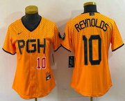 Wholesale Cheap Women's Pittsburgh Pirates #10 Bryan Reynolds Number Yellowd 2023 City Connect Stitched Jersey