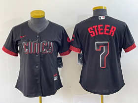 Wholesale Cheap Women\'s Cincinnati Reds #7 Spencer Steer Black 2023 City Connect Cool Base Stitched Baseball Jersey