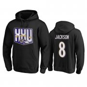 Wholesale Cheap Baltimore Ravens #8 Lamar Jackson Men's Black Team 25th Season Pullover Hoodie
