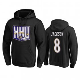 Wholesale Cheap Baltimore Ravens #8 Lamar Jackson Men\'s Black Team 25th Season Pullover Hoodie