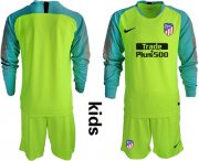 Wholesale Cheap Atletico Madrid Blank Shiny Green Goalkeeper Long Sleeves Kid Soccer Club Jersey
