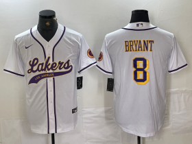 Cheap Men\'s Los Angeles Lakers #8 Kobe Bryant White Cool Base Stitched Baseball Jersey