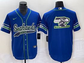 Wholesale Cheap Men\'s Seattle Seahawks Big Logo Blue With Patch Cool Base Stitched Baseball Jersey