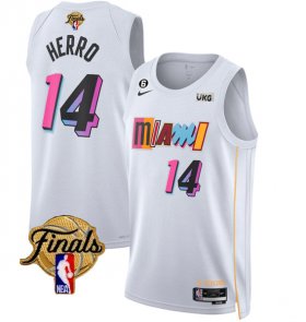 Wholesale Cheap Men\'s Miami Heat #14 Tyler Herro White 2023 Finals City Edition With NO.6 Patch Stitched Basketball Jersey