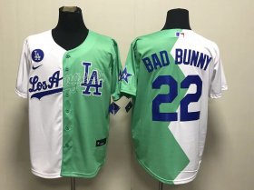 Wholesale Men\'s Los Angeles Dodgers #22 Bad Bunny White Green 2022 Celebrity Softball Game Cool Base Jersey
