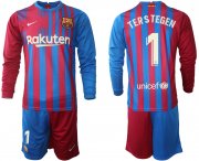 Wholesale Cheap Men 2021-2022 Club Barcelona home red blue Long Sleeve 1 Nike Soccer Jersey