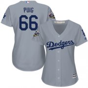 Wholesale Cheap Dodgers #66 Yasiel Puig Grey Alternate Road 2018 World Series Women's Stitched MLB Jersey