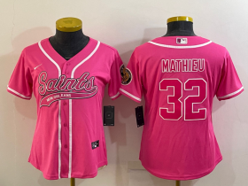 Wholesale Cheap Women\'s New Orleans Saints #32 Tyrann Mathieu Pink With Patch Cool Base Stitched Baseball Jersey