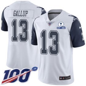 Wholesale Cheap Nike Cowboys #13 Michael Gallup White Men\'s Stitched With Established In 1960 Patch NFL Limited Rush 100th Season Jersey