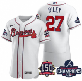 Wholesale Cheap Men\'s White Atlanta Braves #27 Austin Riley Swanson 2021 World Series Champions With 150th Anniversary Flex Base Stitched Jersey